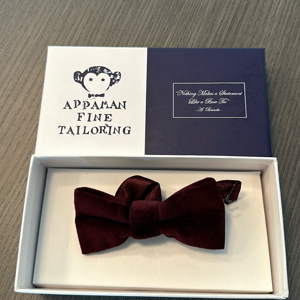 Appaman velvet bow tie in burgundy.